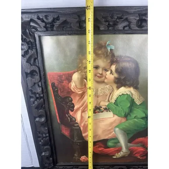 Vintage Victorian Lithograph Boy & Girl Print In Solid Wood Frame 20” X 24”